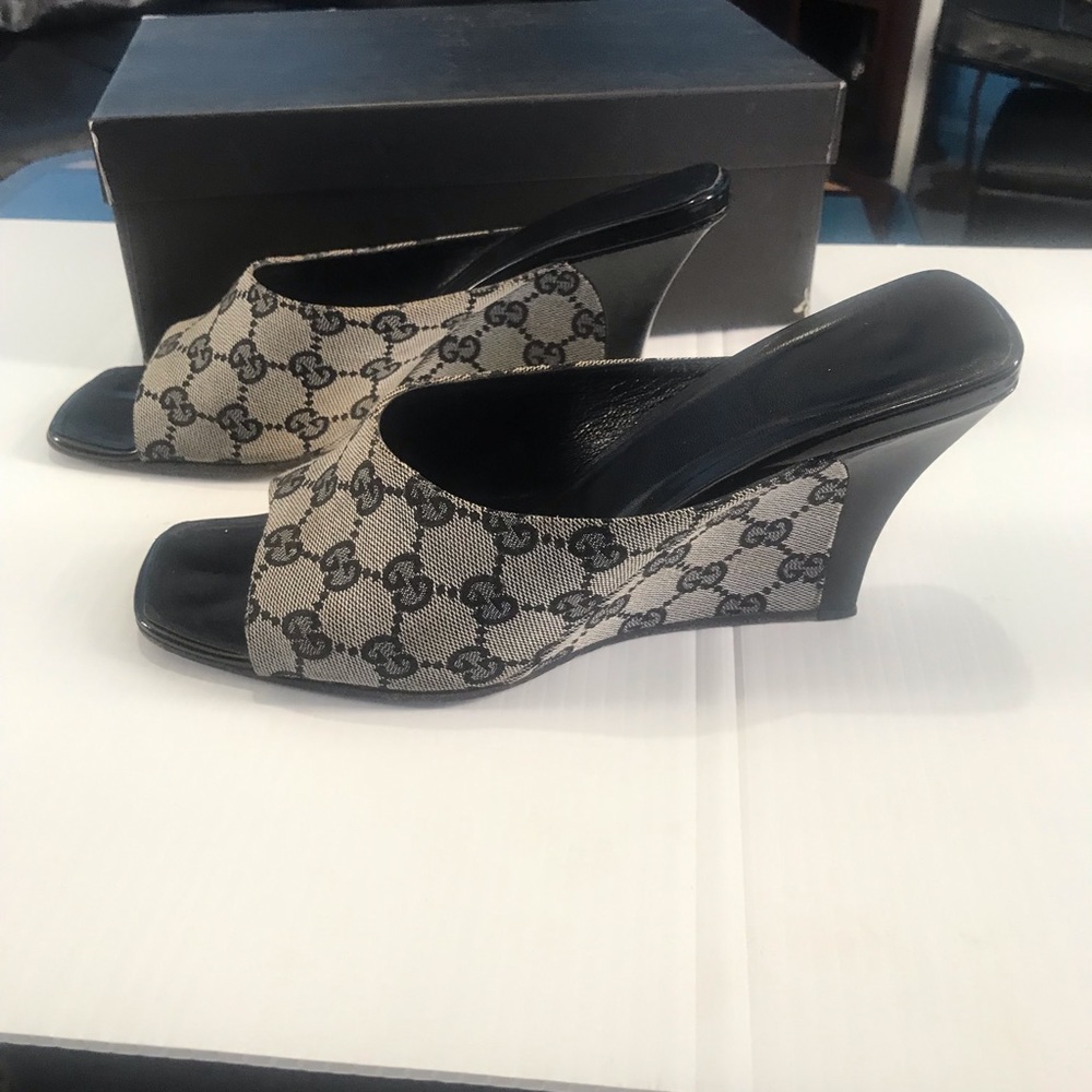 Gucci Vintage GG Monogram Canvas Open Toe Wedge Heel Sandals